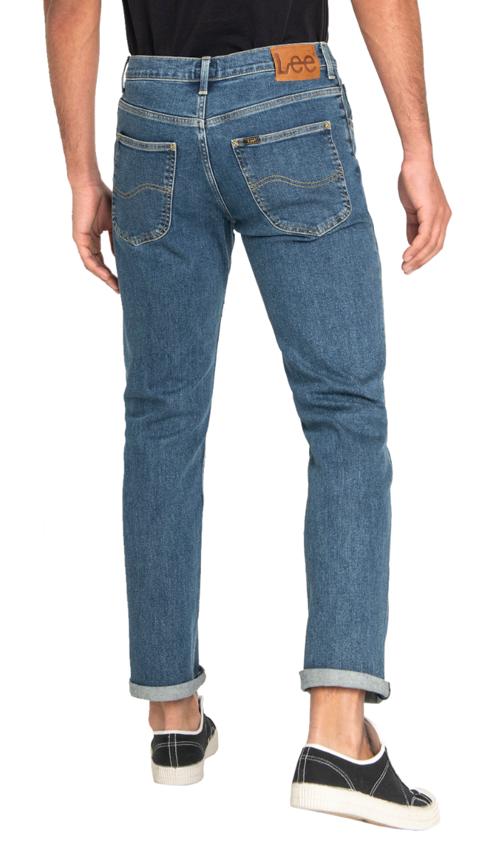 Lee Brooklyn Straight Stretch, Blau, Mid Stonewash, Rückansicht